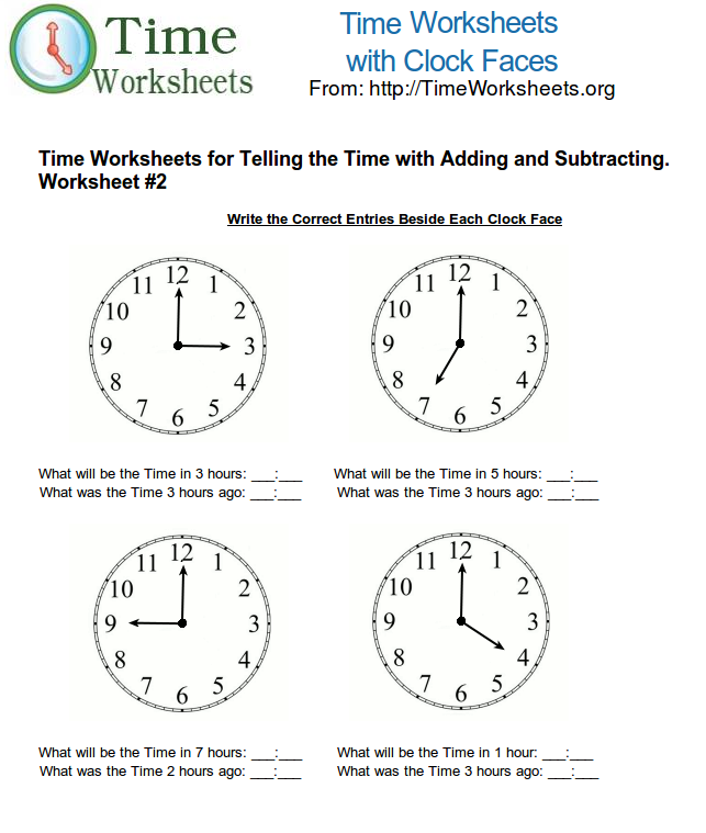 Time Math Worksheets for Telling Time with Subtracting and Adding #2